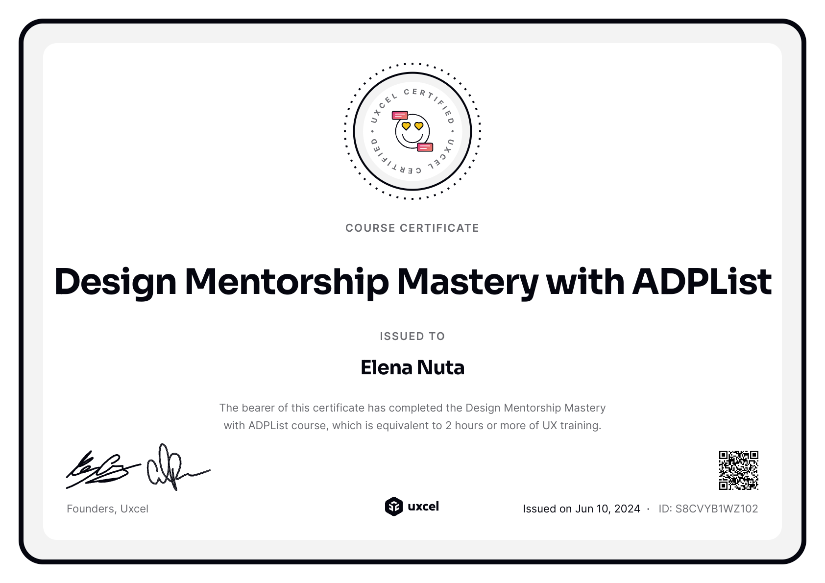 Elena Nuta's certificate